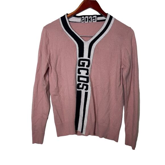 GCDC V-neck logo pullover cashmere sweater in baby pink sz S - Picture 1 of 7